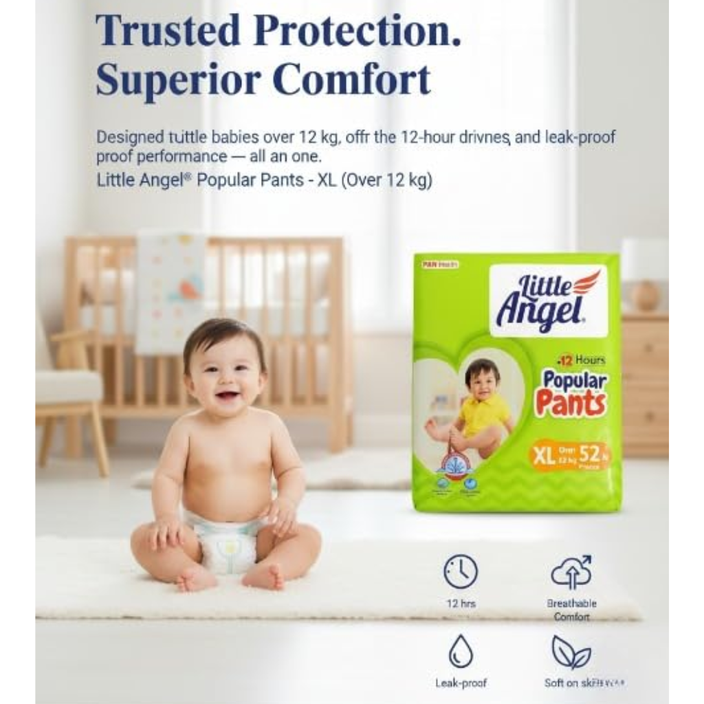 Little Angel Baby Diaper Pants (Popular Pants)- XL Size (Over 12 kg), 52 Pieces | 12-Hour Protection | - Image 2