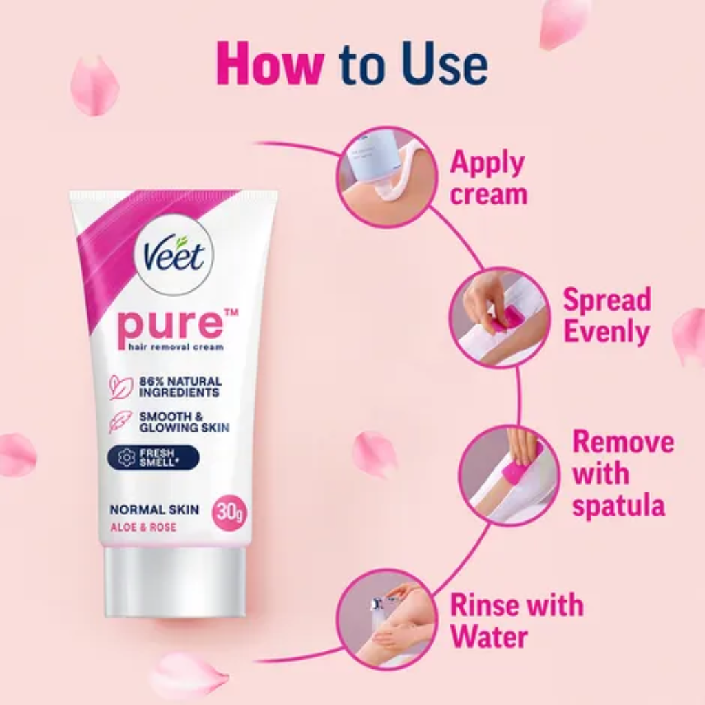 Veet Pure Hair Removal Cream - Aloe & Rose, Fresh Smell, Normal Skin, 30 g - Image 2