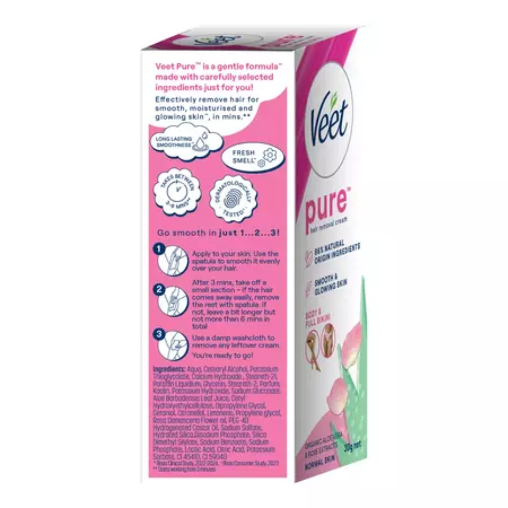 Veet Pure Hair Removal Cream - Aloe & Rose, Fresh Smell, Normal Skin, 30 g - Image 3