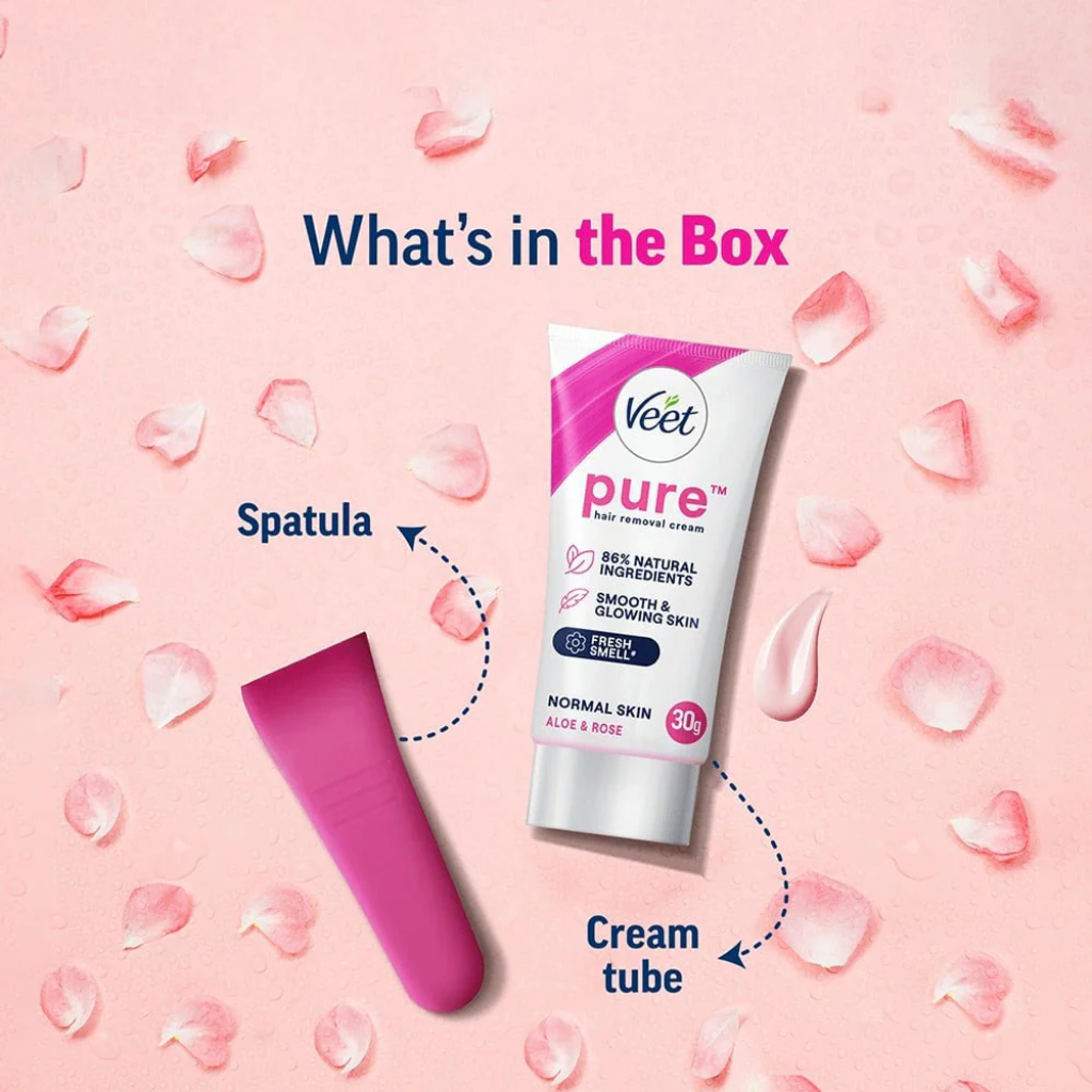 Veet Pure Hair Removal Cream - Aloe & Rose, Fresh Smell, Normal Skin, 30 g - Image 4