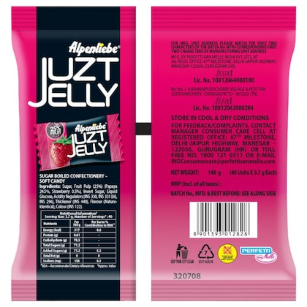 Alpenliebe Juzt Jelly, Strawberry Pouch, 140 gm - Image 2
